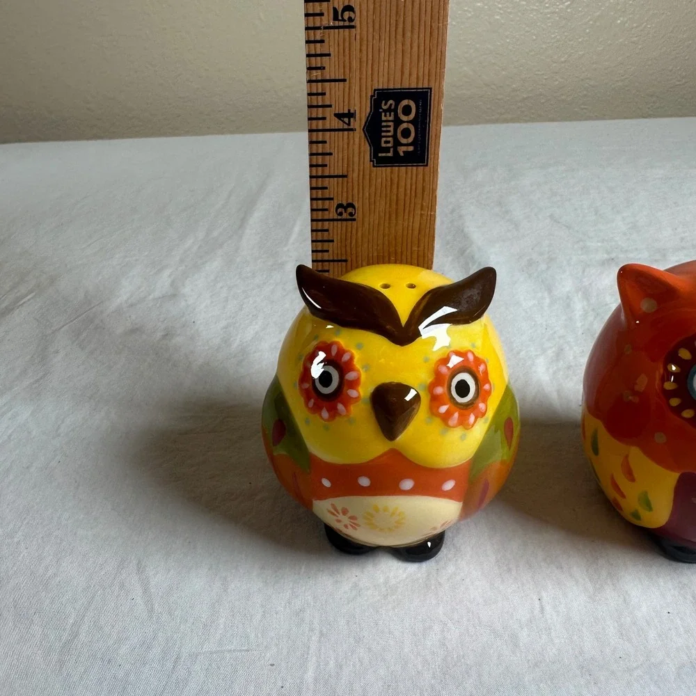 Ceramic Owl Salt and Pepper Shakers Set Orange Yellow Floral Hand Painted 3